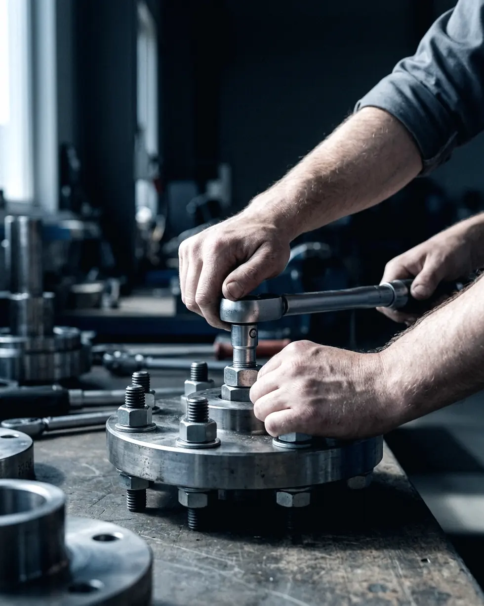 A technician's hands guiding a torque wrench onto a bolted steel flange